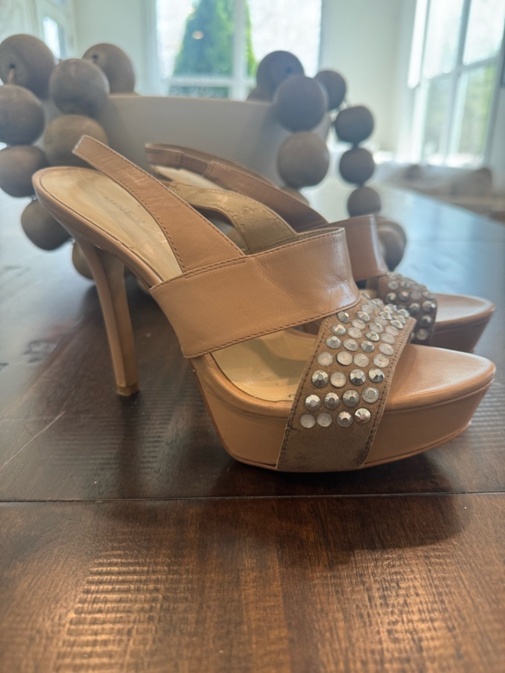 Nine West Tan Studded Platform Slingback Heels with suede strap and gems! 7.5